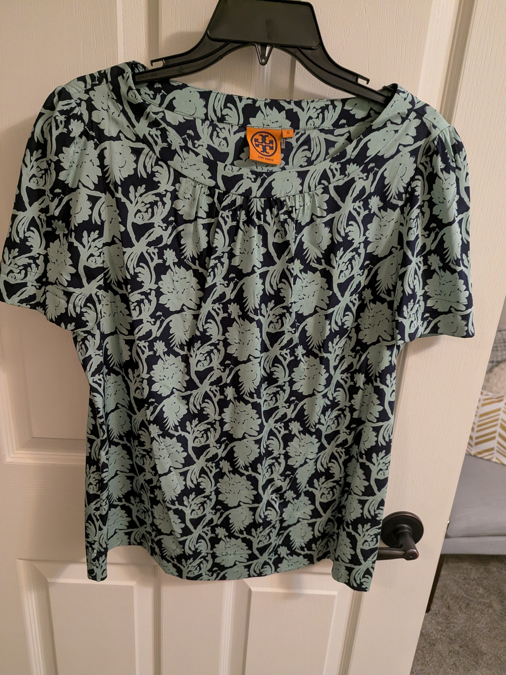 Tory Burch Navy and Mint Floral Scoop-Neck Blouse